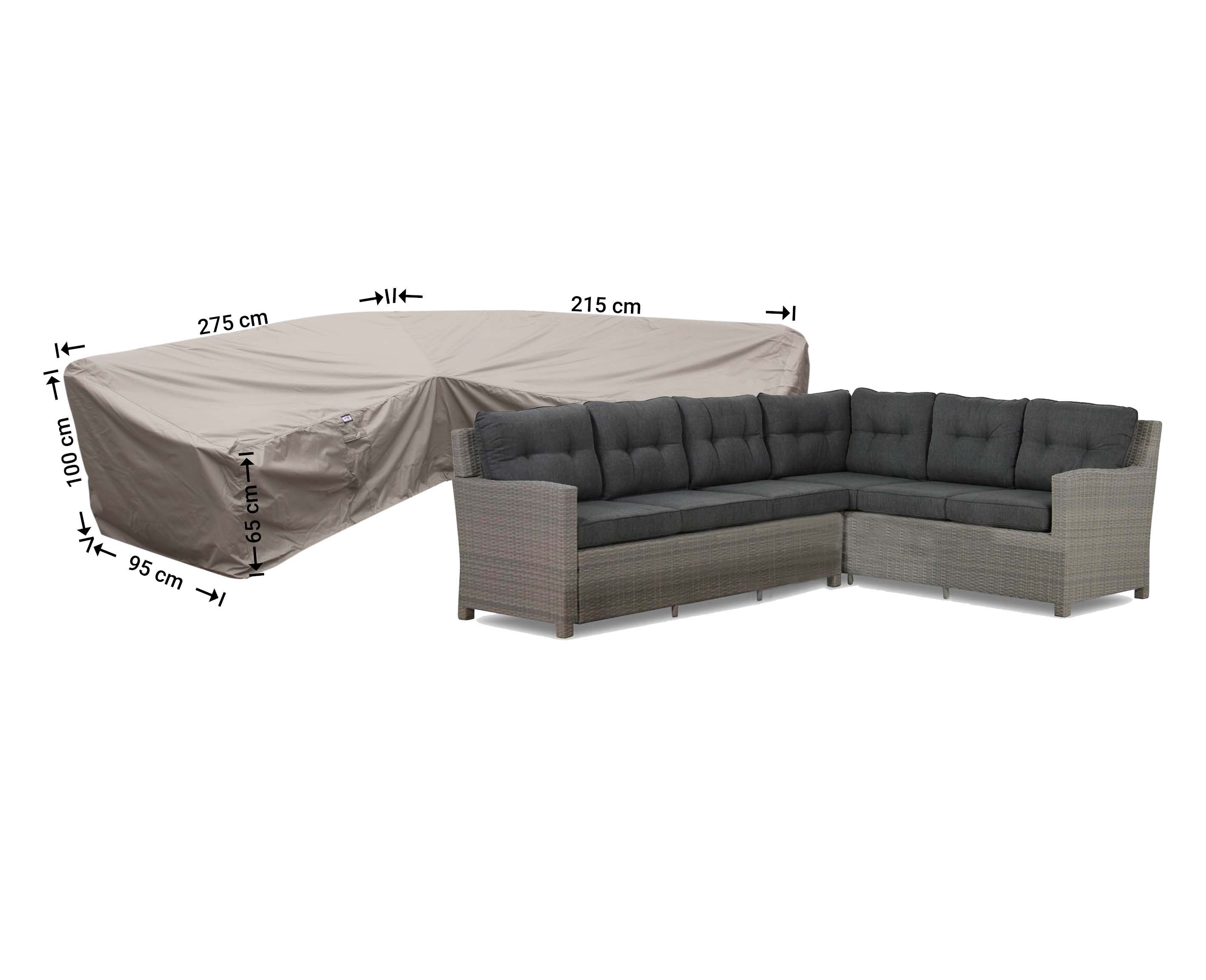 RDLHS275215right_hoes-bank Hoes lounge diningset hoekopstelling, rechts langer 275 x 215 x 95, H: 100 / 65 cm