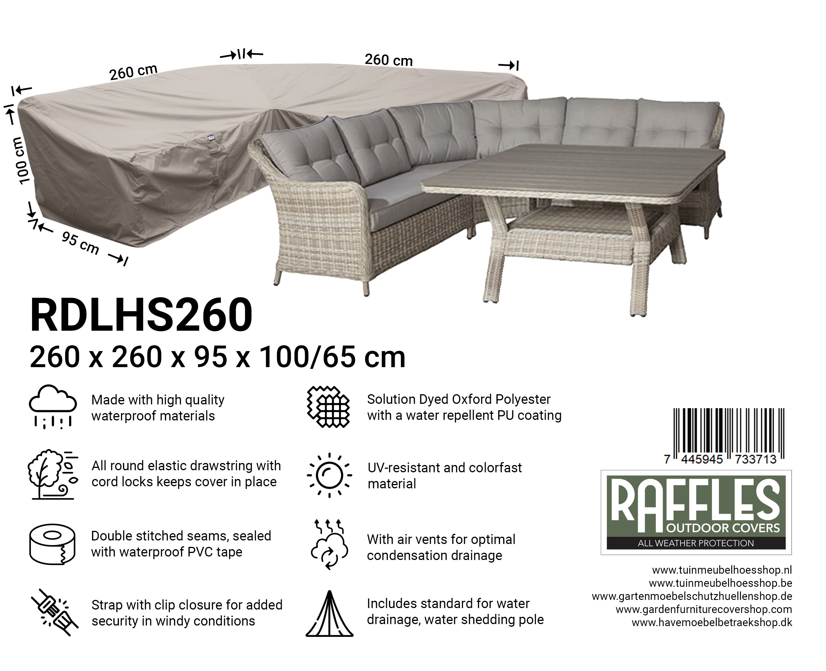 Loungeset dining beschermhoes 260 x 260 x 95, H: 100 / 65 cm