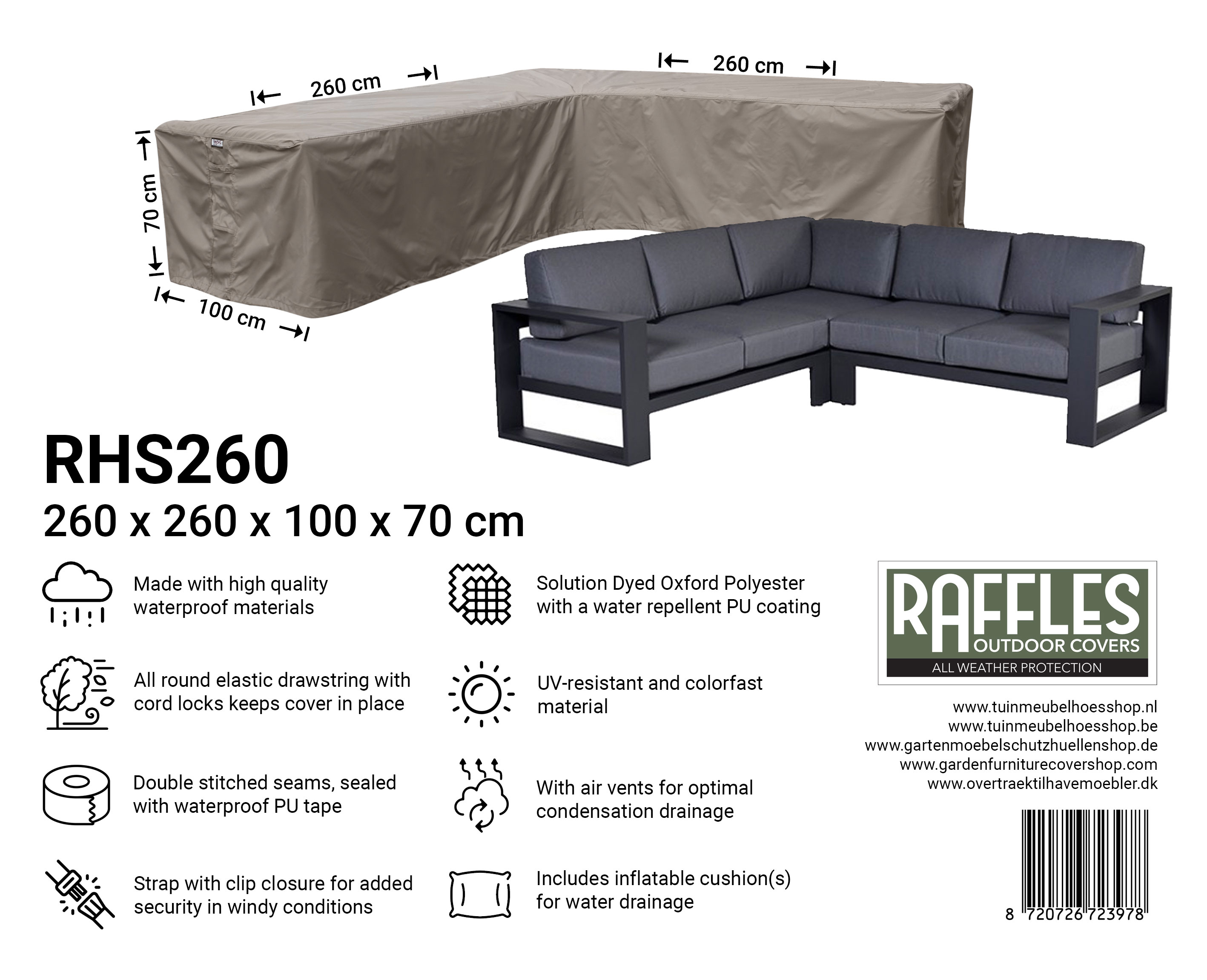 RHS260_8720726723978 RHS260 hoekbank beschermhoes 260 x 260 x 100 H: 70 cm