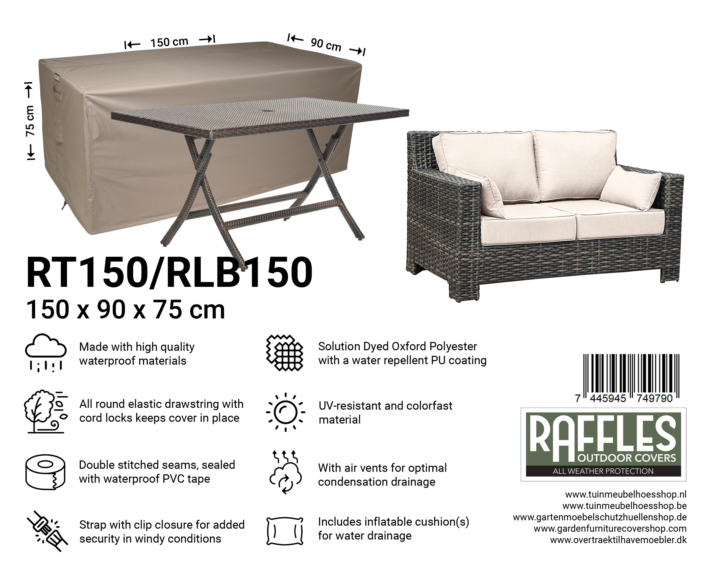 RT150/RLB150 hoes tuintafel/lounge bank 150 x 90 H: 75 cm