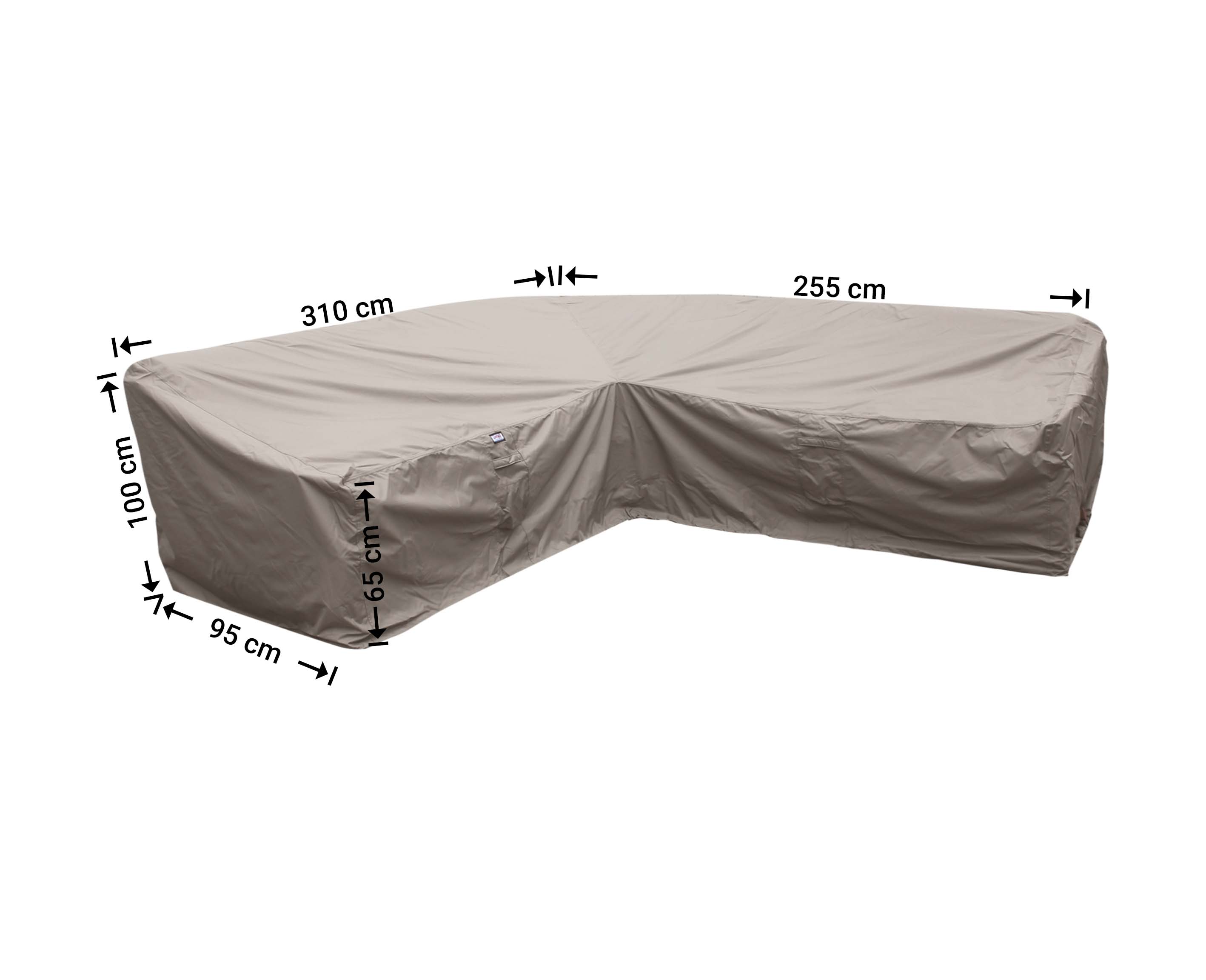 Afdekhoes hoekbank hoge rug, rechts langer 310 x 255 x 95, H: 100 / 65 cm