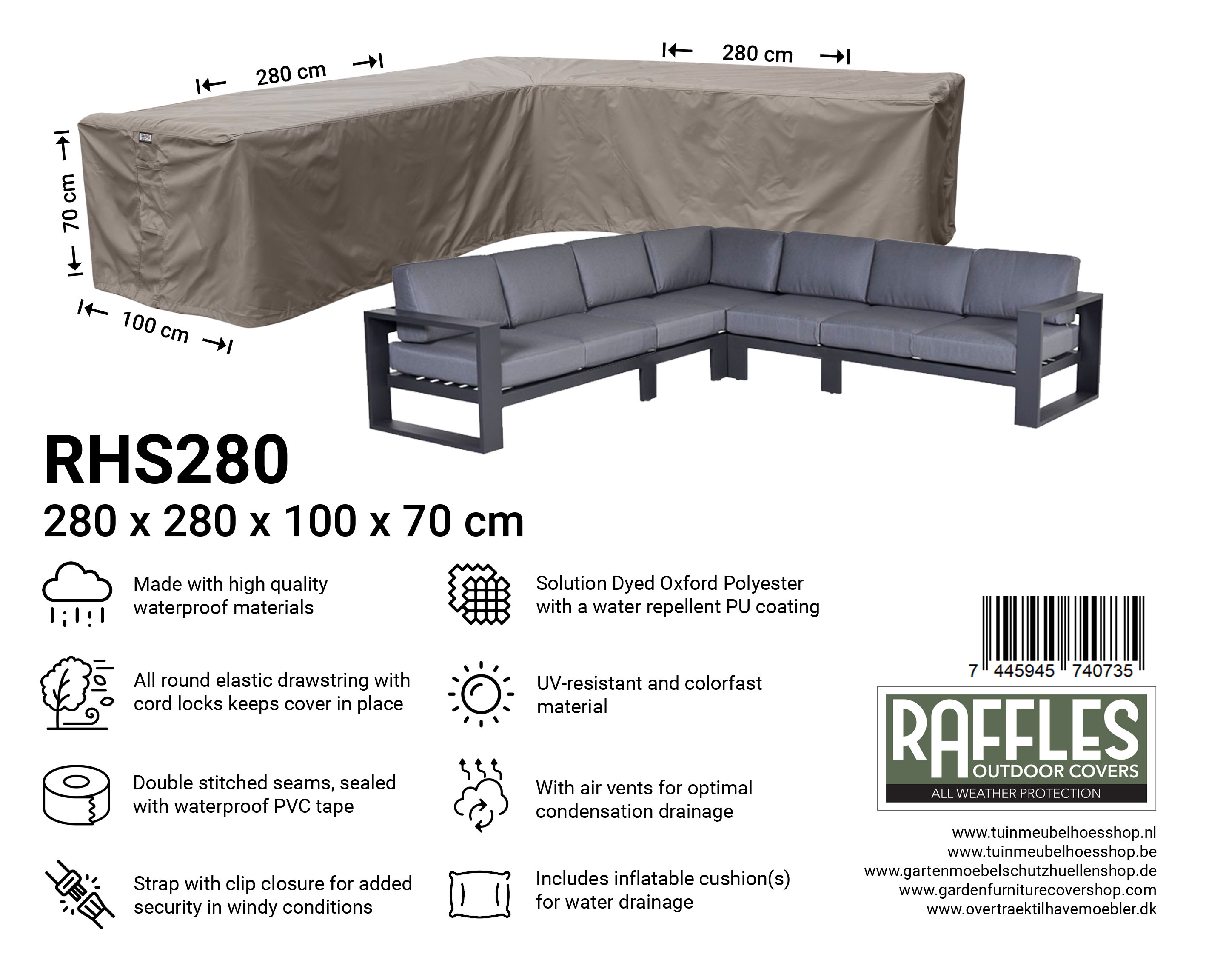 RHS280_74459457407350YV3jiZNXyP90 RHS280 Hoekbank afdekhoes 280 x 280 x 100 H: 70 cm