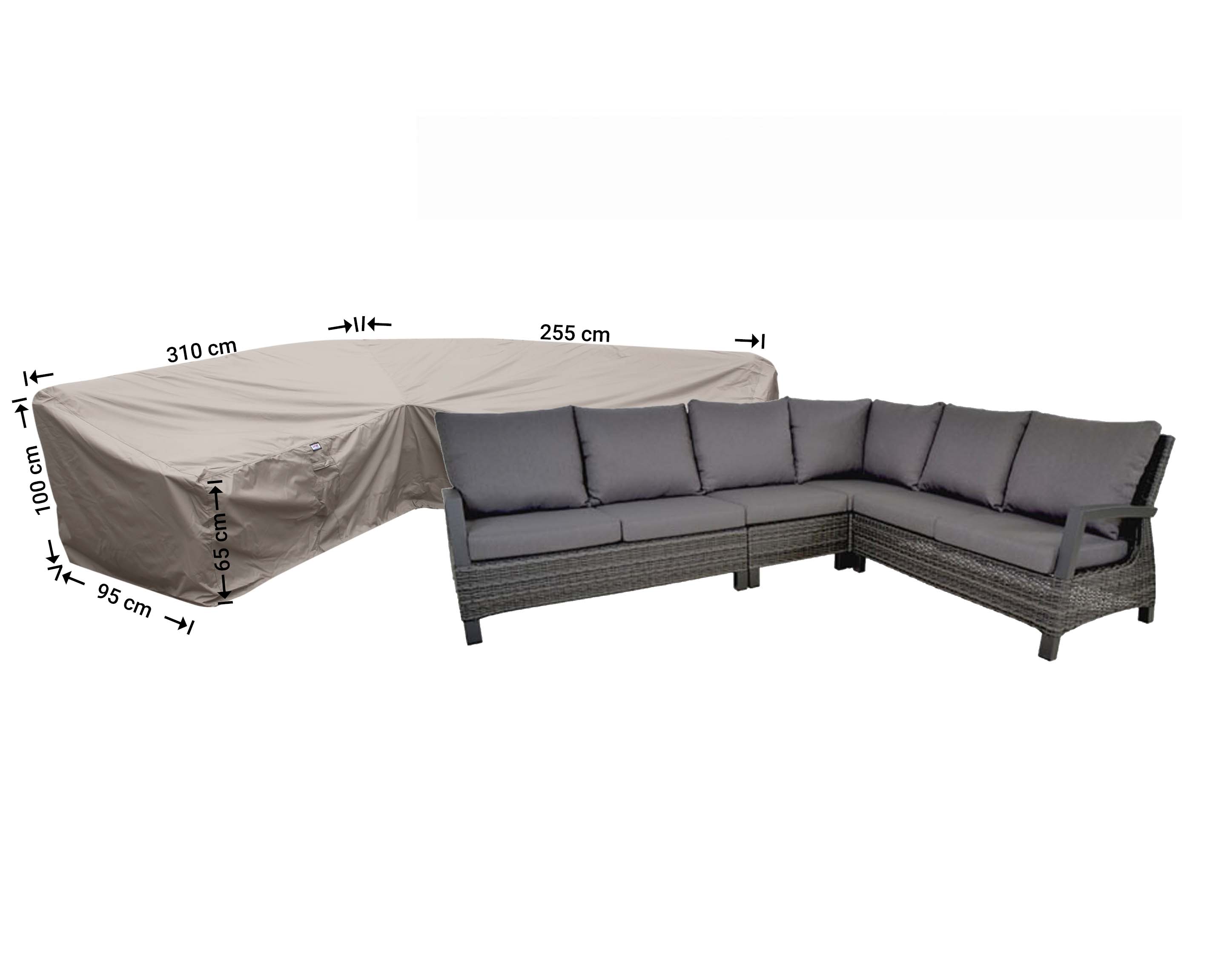 RDLHS310255right_bank-hoes Afdekhoes hoekbank hoge rug, rechts langer 310 x 255 x 95, H: 100 / 65 cm