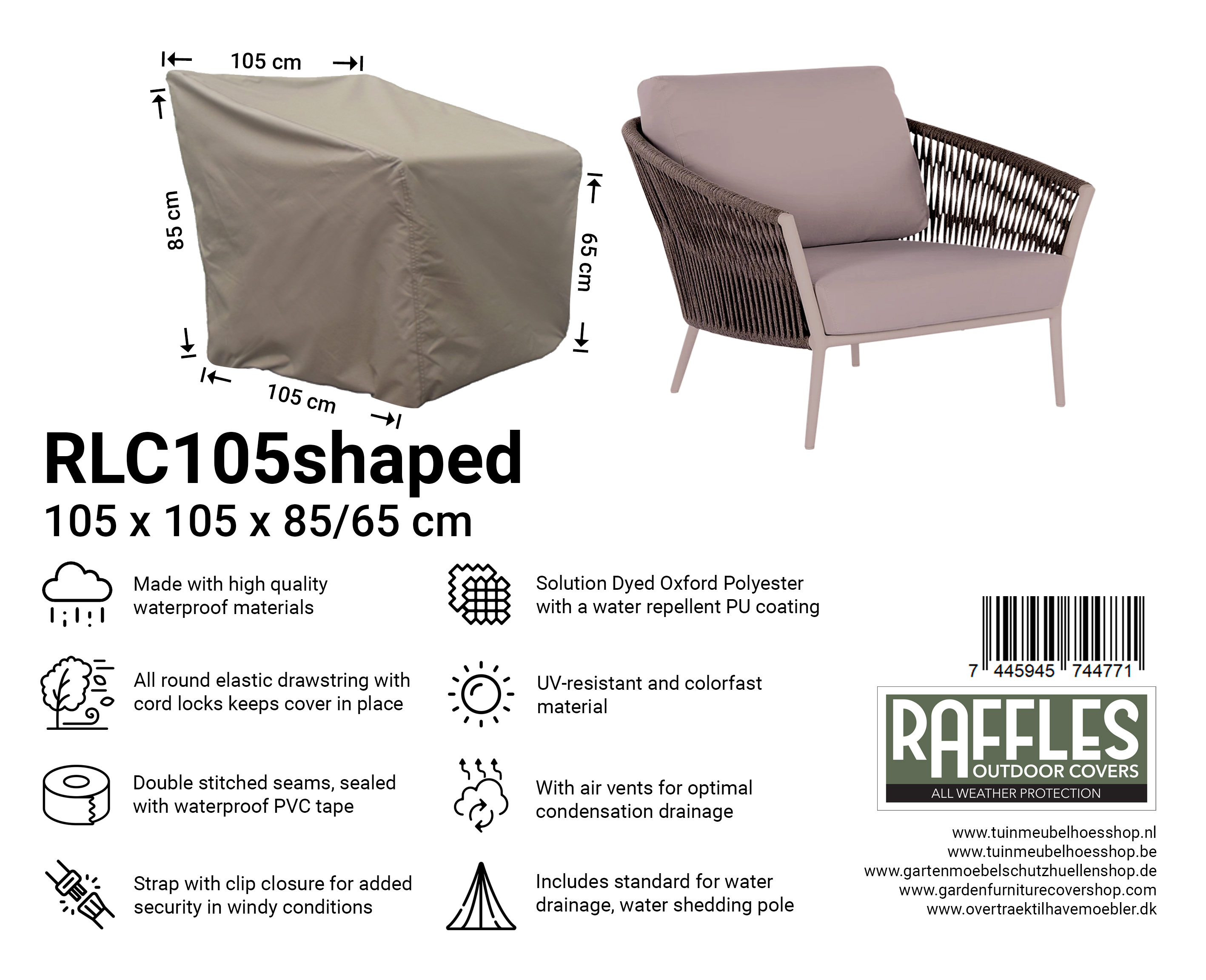 105 x 105 H: 85/65 cm RLC105shaped lounge stoel hoes