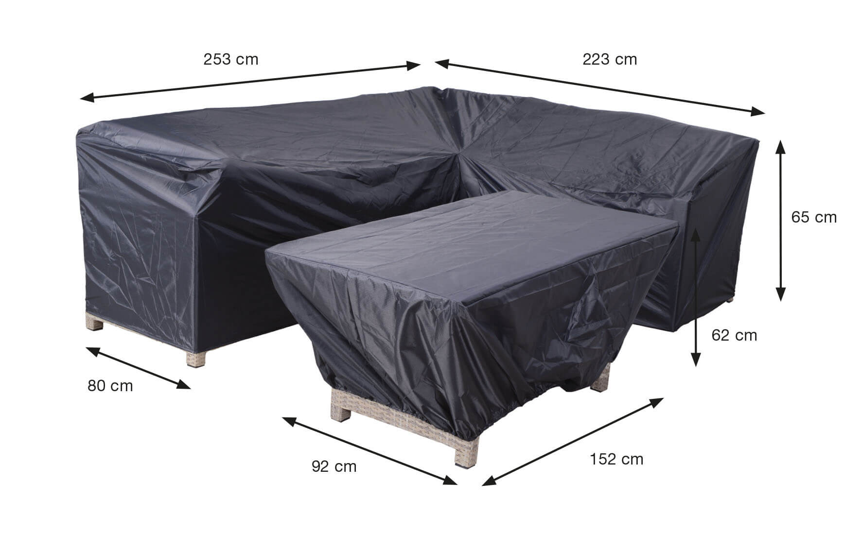 Beschermhoes voor loungeset met hoekbank en bijzettafel: 253 x 223, H: 65 cm