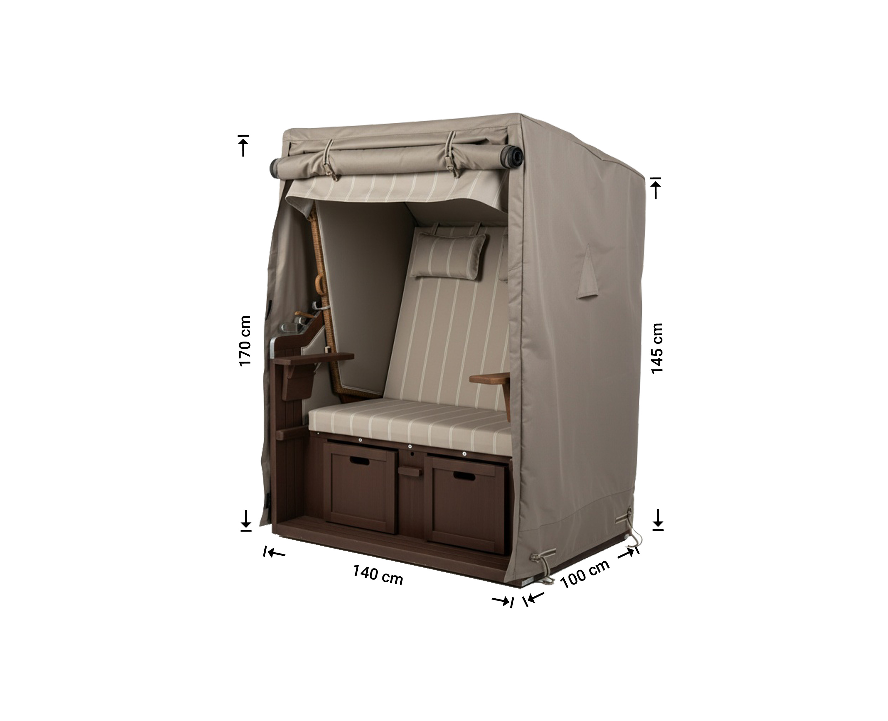 Strandkorf-hoes 140 x 100 H: 170 / 145 cm   Strandkorf-hoes 140 x 100 H: 170 / 145 cm
