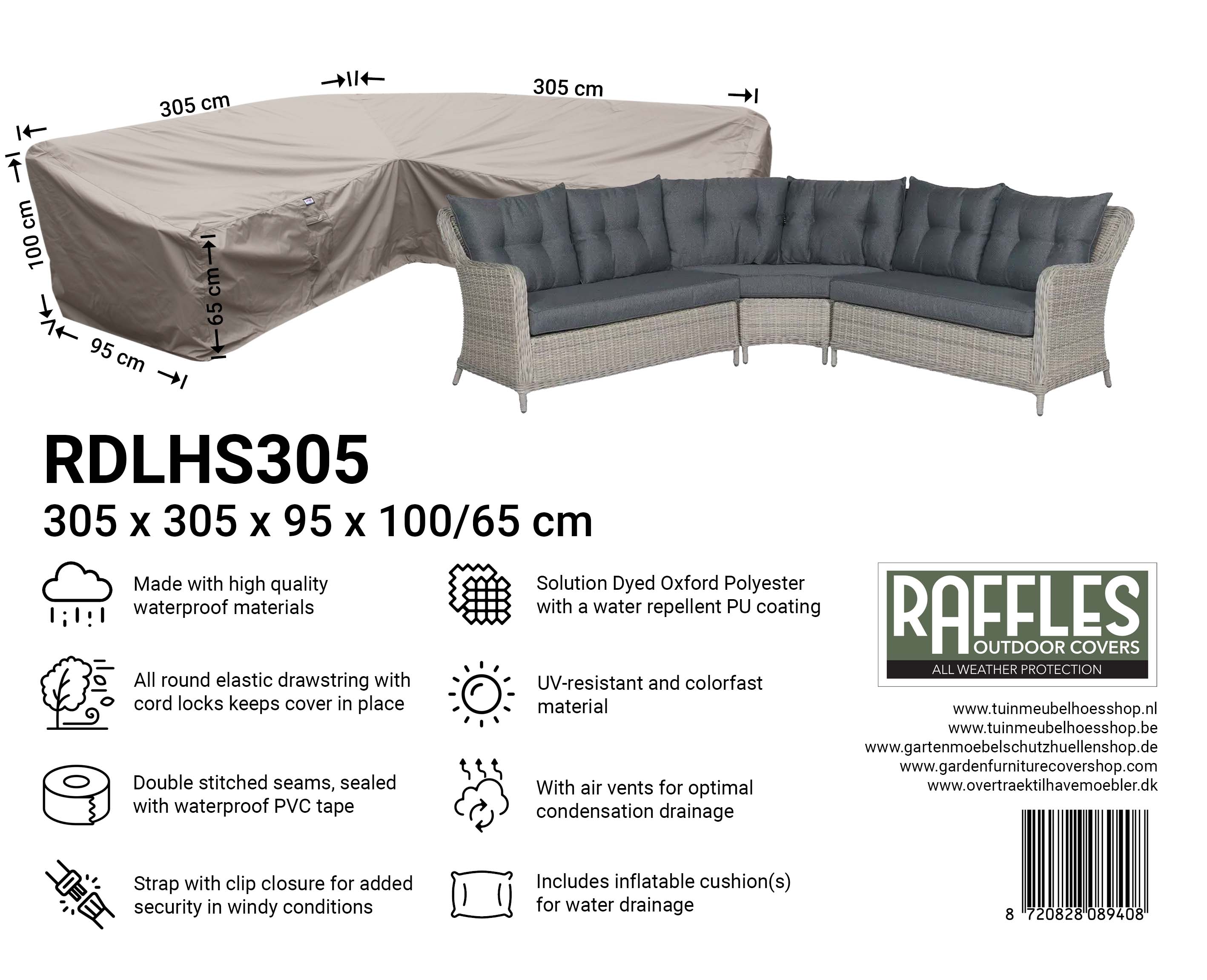 RDLHS305_8720828089408 Hoes hoekbank met hoge rugleuning 305 x 305 x 95, H: 100 / 65 cm
