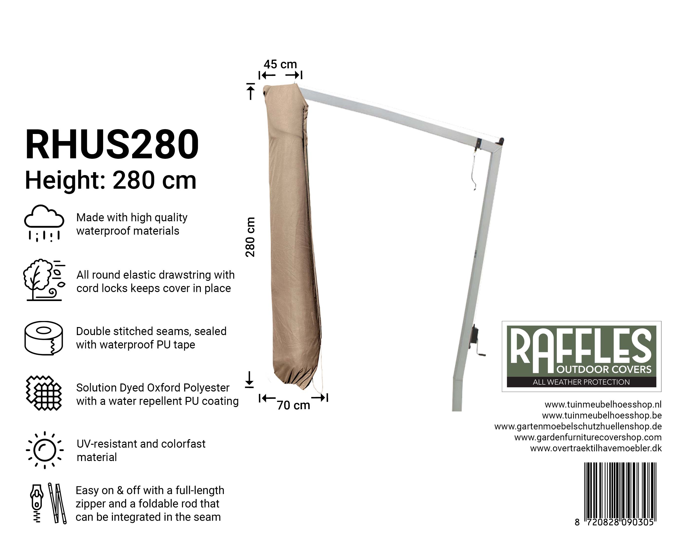 RHUS280_8720828090305 RHUS280 parasoldoek hoes H: 280 B: 45/70 cm