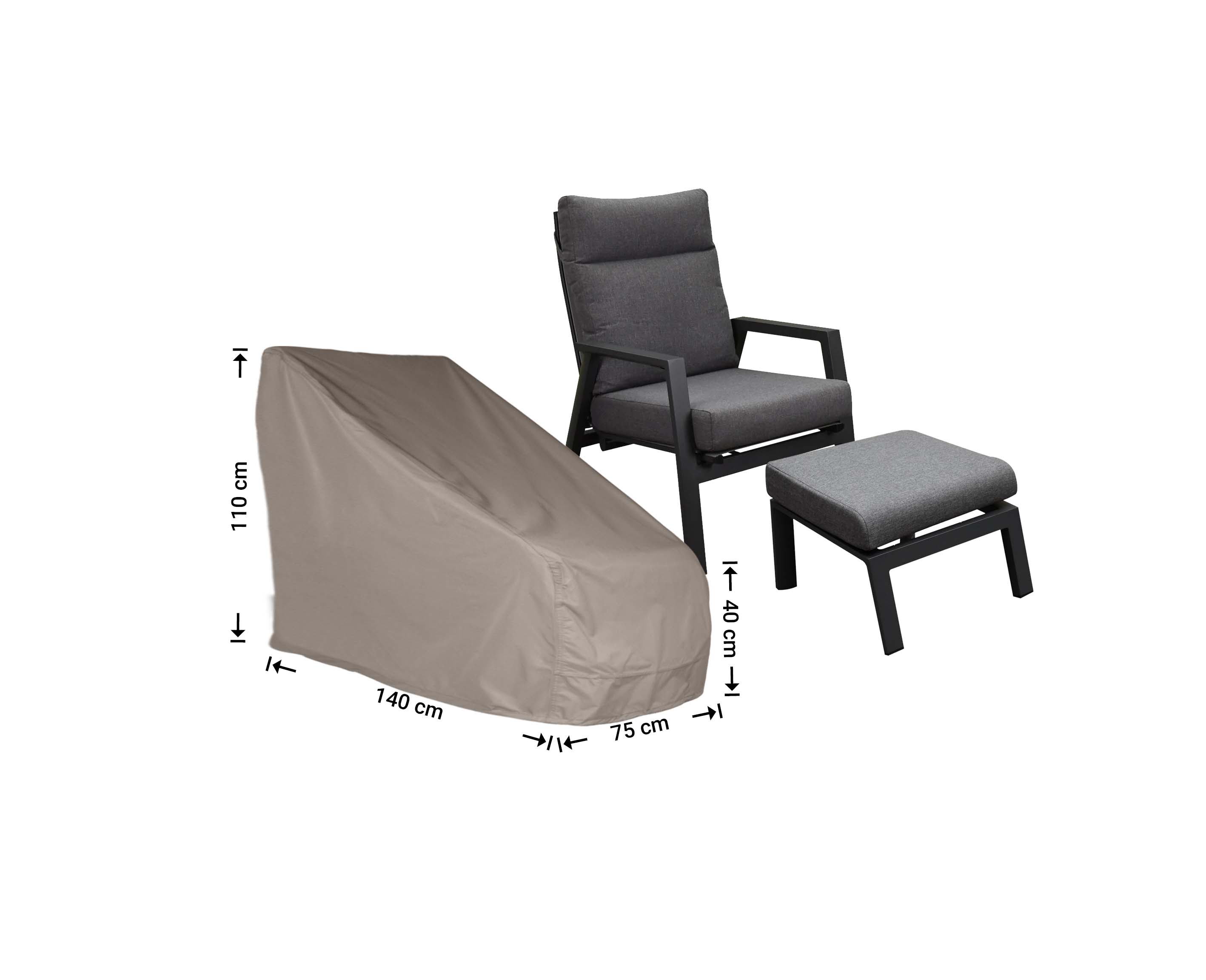 Hoes lounge chair 140 x 75 H: 110 / 40 cm, hoog verstelbaar model plus voetenbank Hoes lounge chair 140 x 75 H: 110 / 40 cm, hoog verstelbaar model plus voetenbank
