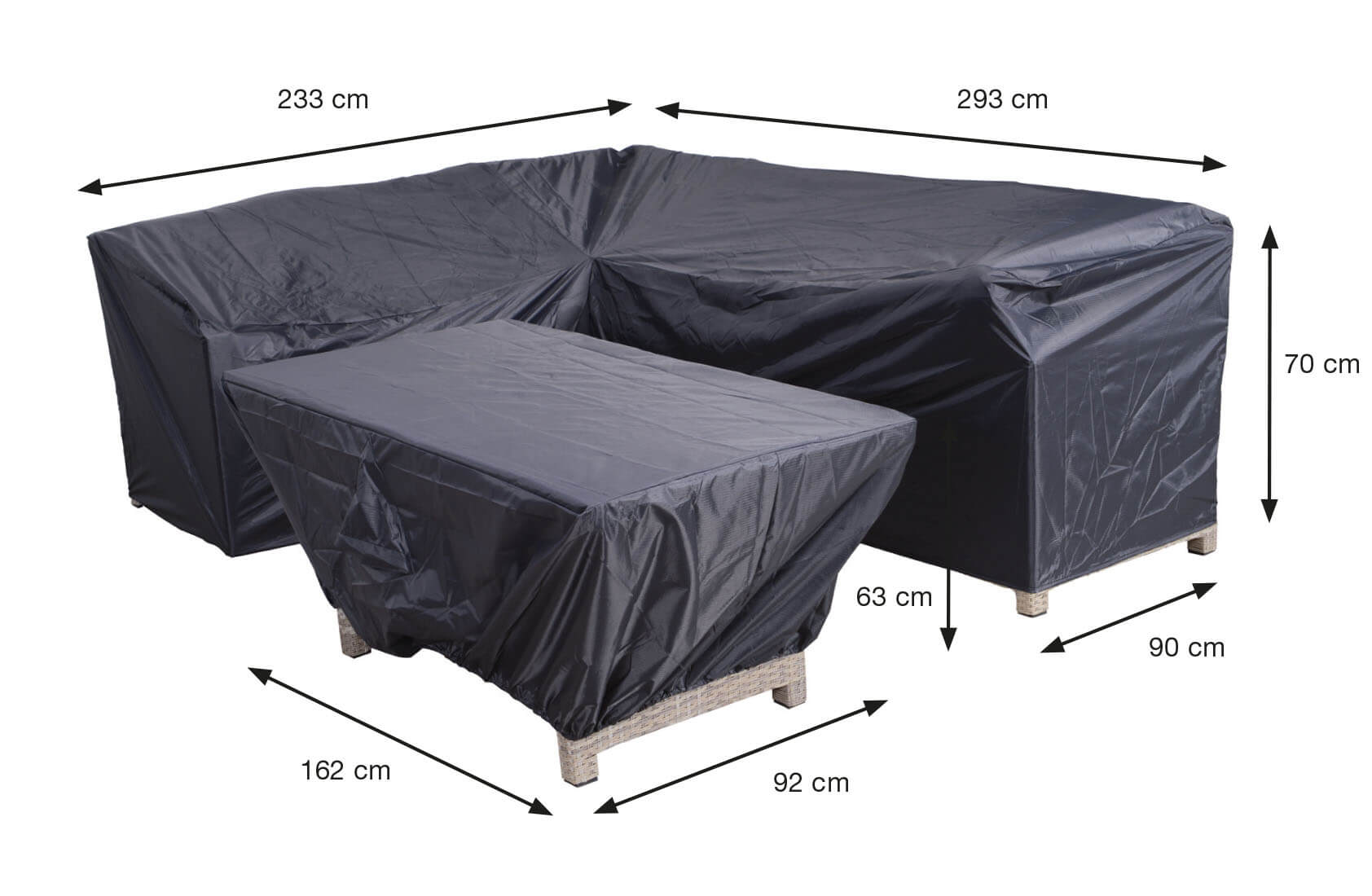 Tuinmeubelhoes voor een L-vormige loungeset met hocker, 293 x 233 H: 70 cm